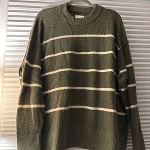 Olive Green Striped Crewneck Sweater